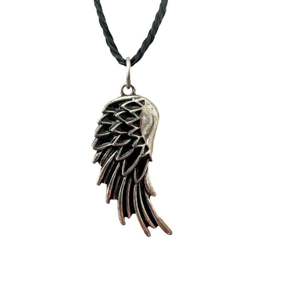 Silver tone half wing pendant necklace on black cord